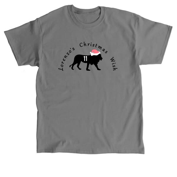 Grey t-shirt with the Lorenzo's Christmas Wish lion in a Santa hat