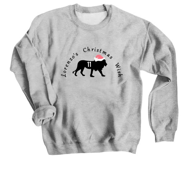 Grey crewneck sweatshirt with the Lorenzo's Christmas Wish lion in a Santa hat