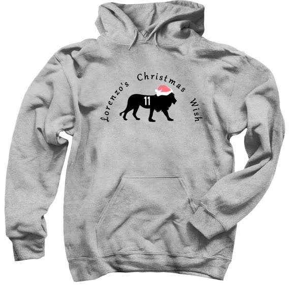 Grey pullover hoodie with the Lorenzo's Christmas Wish lion in a Santa hat