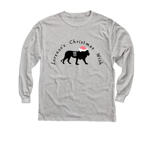 Kids' long sleeve tee with the Lorenzo's Christmas Wish lion in a Santa hat